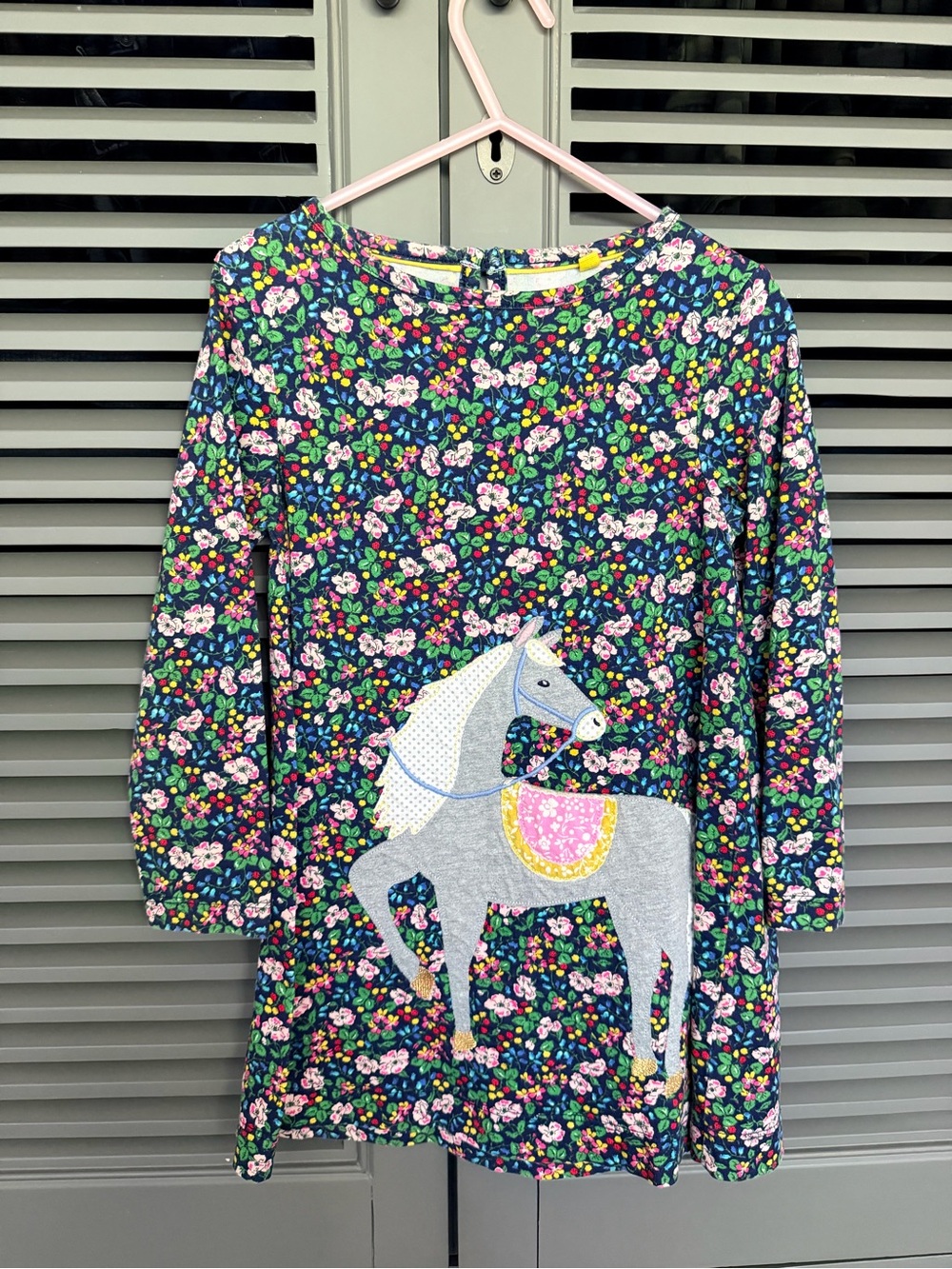 Mini Boden Navy Multi Floral Long Sleeve Top with Horse Appliqué